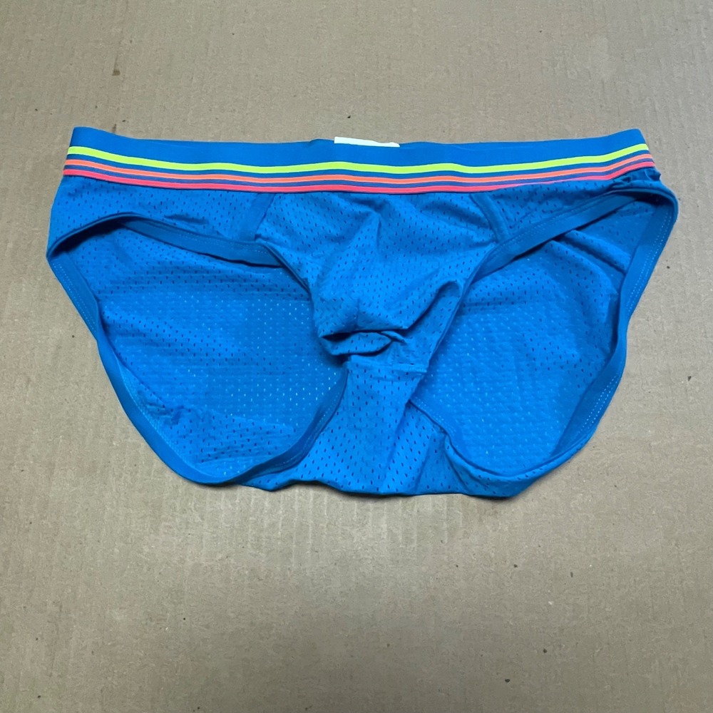 Andrew Christian NWOT Mens L Blue Sheer Mesh Pride Rainbow Stripe Athletic Brief